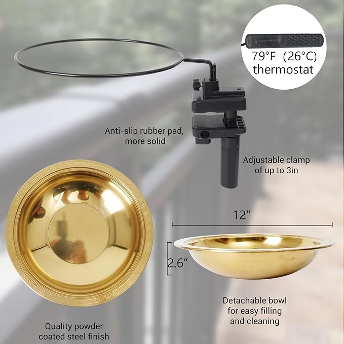 12" Heated Bird Bath 50W Heater Railing/Fence Mount Golden Metal Bird Water Feeder for Deck/Balcony/Porch
