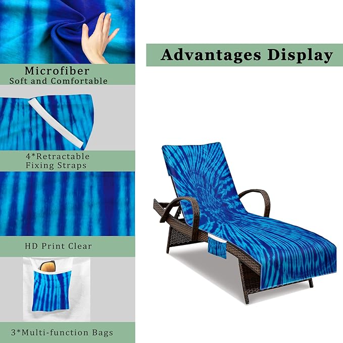Beach Chair Cover with Side Pockets (1Pc), Thick and Quick Dry Lounge Chair Towel Cover for Sun Lounger Pool Sunbathing Garden Beach Hotel, No Sliding,Blue Tie Dye