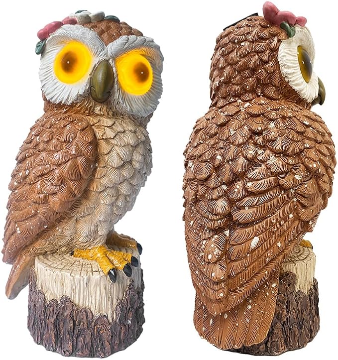 1 KINGO Fake Owl Decoy, Bird Deterrents for Outside, Solar Powered LED Eyes & Ultrasonic Deterrent, Scarecrow Owl Decoys to Scare Birds Away, Bird Repellent Devices Outdoor, Resin Garden Statues