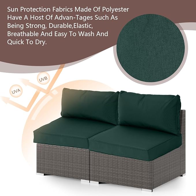 14 Piece Outdoor Furniture Replacement Cushions, Cover+Filling, 25.6" x 25.6" x 4" Foam Waterproof Outdoor Sofa Cushion Sets, Fit Wicker Rattan Sectional Conversation Set, Dark Green