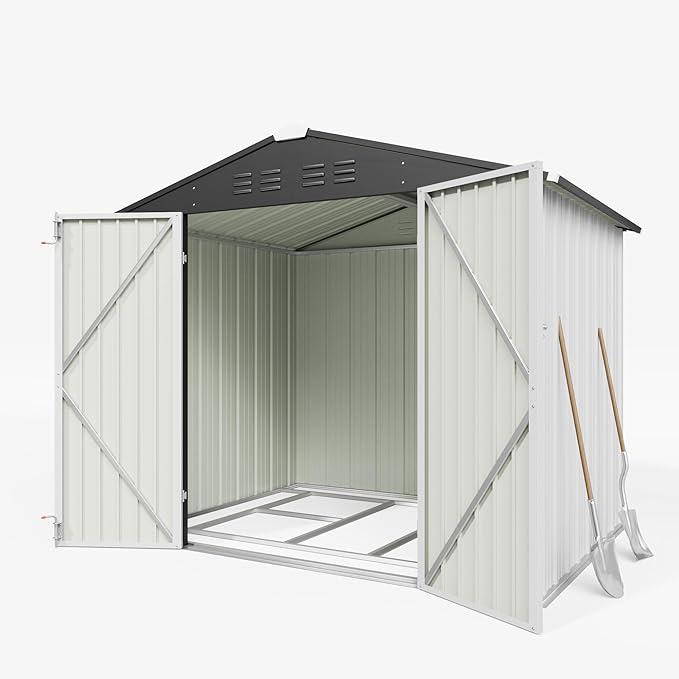 Greesum 8x6FT Outdoor Storage Shed with Base, Utility Tool Shed with Sloping Roof, Metal Storaged Garden Shed with Door & Lock for Patio Storage, White