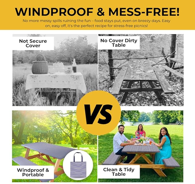 RNOONY 8ft Polyester Picnic Table Cover with Bench Covers Windproof & Waterproof Tablecloth, Perfect Camping Gifts, RV Essentials, Cool Camping Gadgets, Carrying Bag, 96x30 Inches 4Pcs Blue Stripes