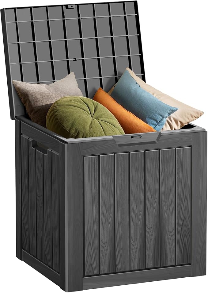 Outdoor Storage Deck Box Waterproof,35 Gallon Lockable Patio Package Delivery Bin as Seat, Resin Storage Container Bench for Furniture Cushions, Pool Accessories, Garden Tools, Black