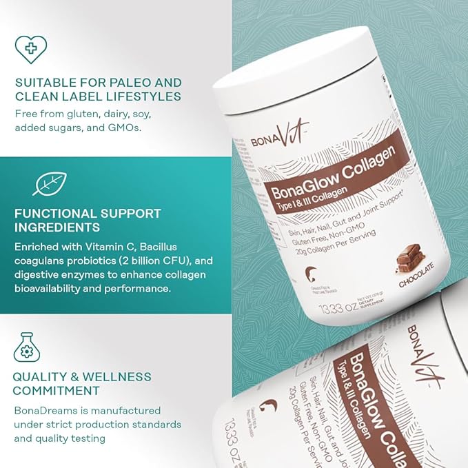 Collagen Peptides - Type I & III - Premium Hydrolyzed Collagen Powder - with Digestive Enzymes & Probiotics - High Dosis of Collagen & Protein - 14 Servings - BonaGlow Chocolate