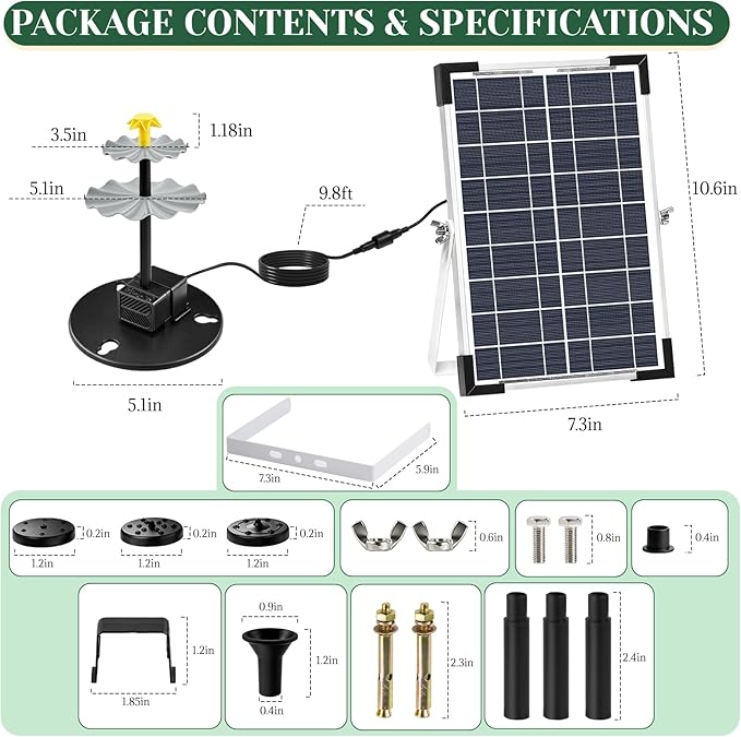 9V 6W Solar Fountain, Solar Water Pump with 3 Nozzles & 9.84ft Cable, Cascading Solar Fountain Solar Bird Bath Fountain for Small Pond, Patio, Garden, Outdoor Water Feature