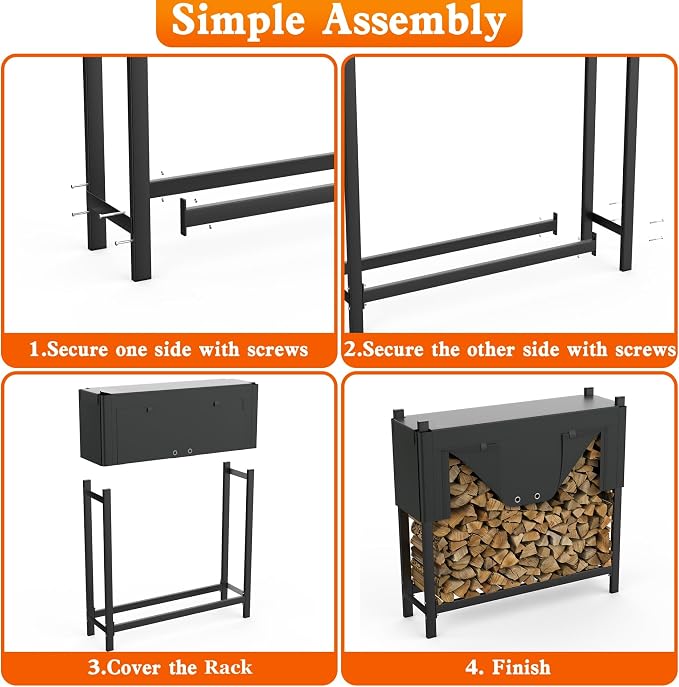 WALMANN Heavy-Duty Firewood Rack with Waterproof Cover & Firewood Carry Bag, 4 ft Outdoor Indoor Wood Log Holder for Fireplace, Patio & Porch, Sturdy Steel Fire Wood Storage Stand