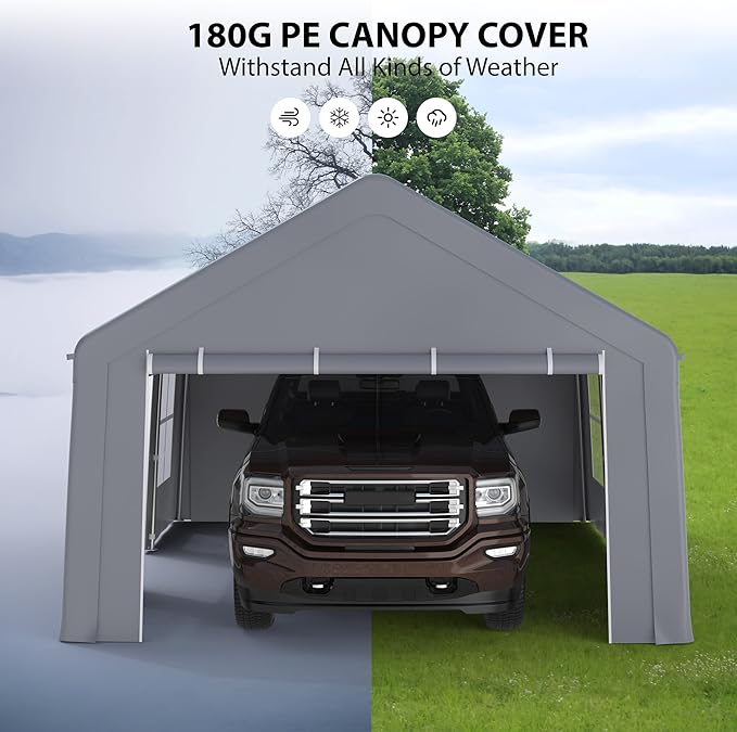 13x20FT Heavy Duty Portable Garage, Waterproof Carport with 5 Roll-Up Ventilated Windows & Removable Sidewalls, Garage Tent Shelter with 220G PE Tarp Cover for Temporary Paint Booth, Boats&Pickups