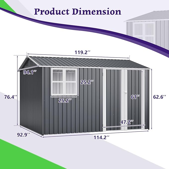 KEIKI Storage Shed 10x8 FT, Large Metal Tool Shed for Outdoor Storage, Galvanized Steel Garden Shed with Lockable Doors for Patio, Backyard, Lawn, Grey