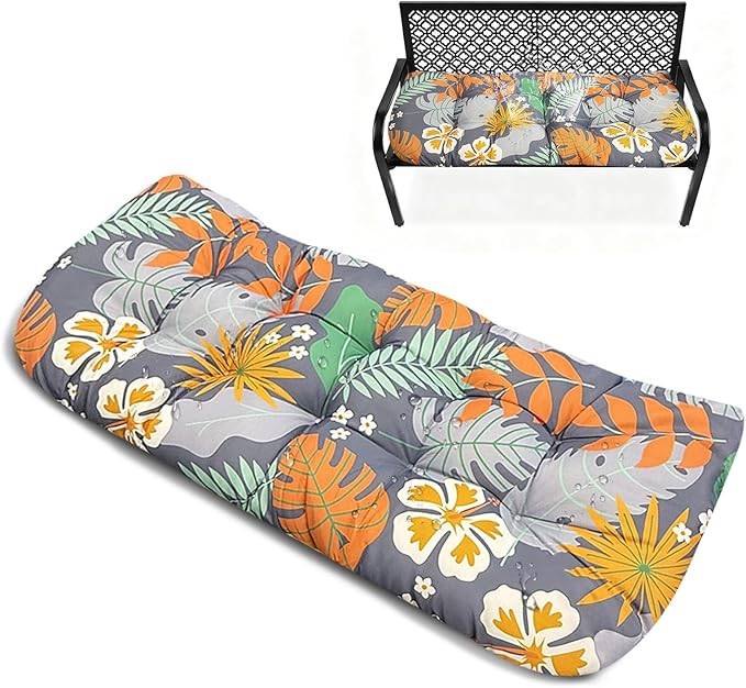Patio Bench Cushion with Ties Outdoor Printing Loveseat Cushion for Porch Garden Patio 51x 20 Thicken Bench Cushion for Porch Swing Wicker Loveseat,Orange Flower
