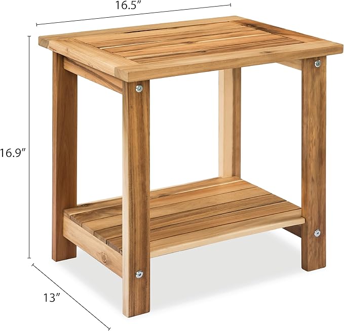 VICTORY RELAX Solid Acacia Wood Side Table with 2-Tier Storage, Weather-Resistant Outdoor Indoor End Table, Light Natural Rustic Color Night Stand