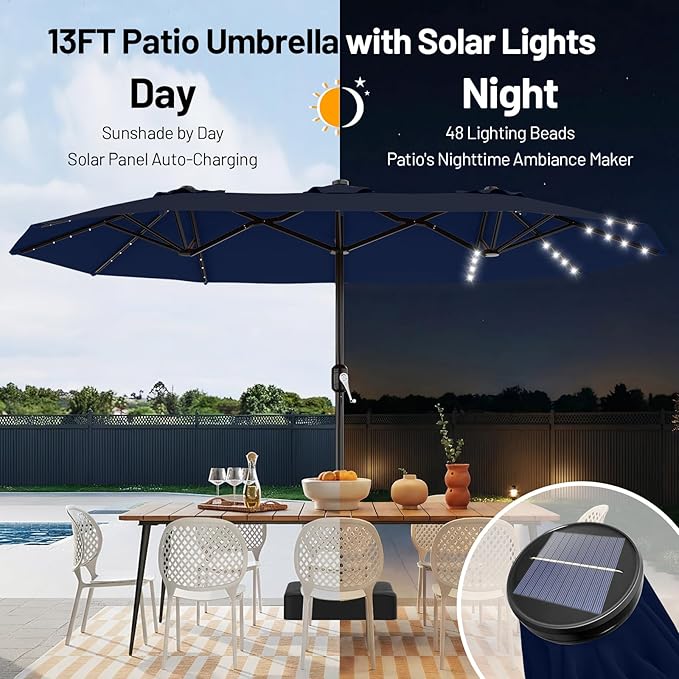 AreShark 13 FT Patio Umbrella with Solar Lights, Double-Sided Outdoor Table Umbrellas with Crank, Large Rectangular Market Umbrella for Porch, Lawn, Pool, Backyard, Navy