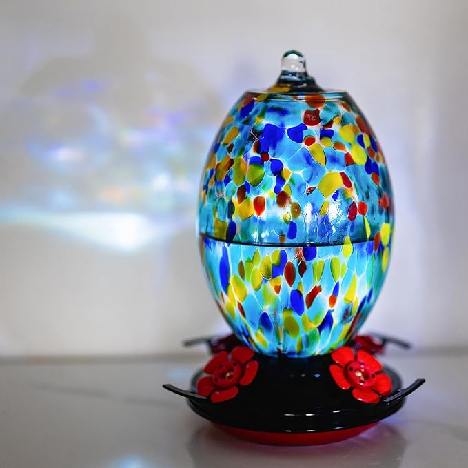 Muse Garden Glass Humming Bird Feeders for Outdoors - 27OZ Blown Glass Hummingbird Feeder - Unique Gift Mom Women Grandparents, Outdoors Hanging Garden Decor, Ant Moat & Brush, Blue Polka Dots