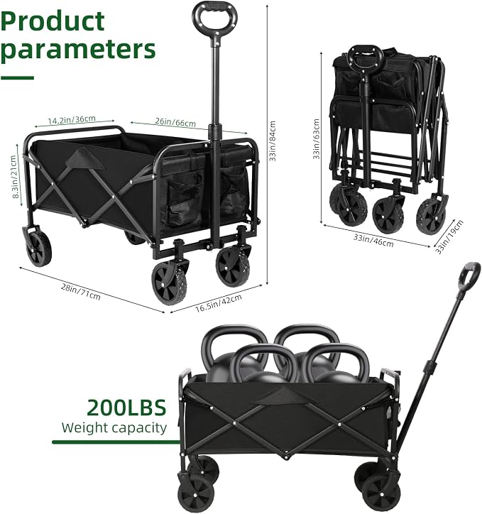 Collapsible Wagon Cart Foldable, Utility Pull Wagon, Portable Camp Garden Cart for Grocery, Camping, Shopping, Sports, Garden with Large Capacity