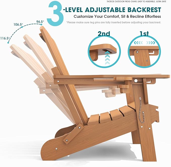THOEOE Folding Adjustable Adirondack Chairs with Ottoman & 1 Cup Holders Set of 2, HDEP Multifunctional Adirondack Chair with Footrest,Wood