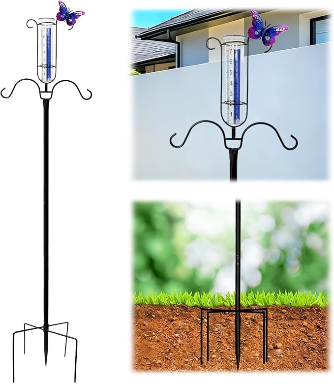 61" Shepherds Hook with Rain Gauge Outdoor, 3/4 Inch Thick Bird Feeder Pole with 5-Prong Base, Metal Rain Gauge Stake with Blue Stripe & Large Numbers, Tall Shepherds Hooks for Yard Garden Decor