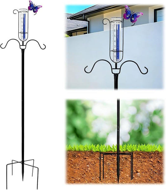 61" Shepherds Hook with Rain Gauge Outdoor, 3/4 Inch Thick Bird Feeder Pole with 5-Prong Base, Metal Rain Gauge Stake with Blue Stripe & Large Numbers, Tall Shepherds Hooks for Yard Garden Decor