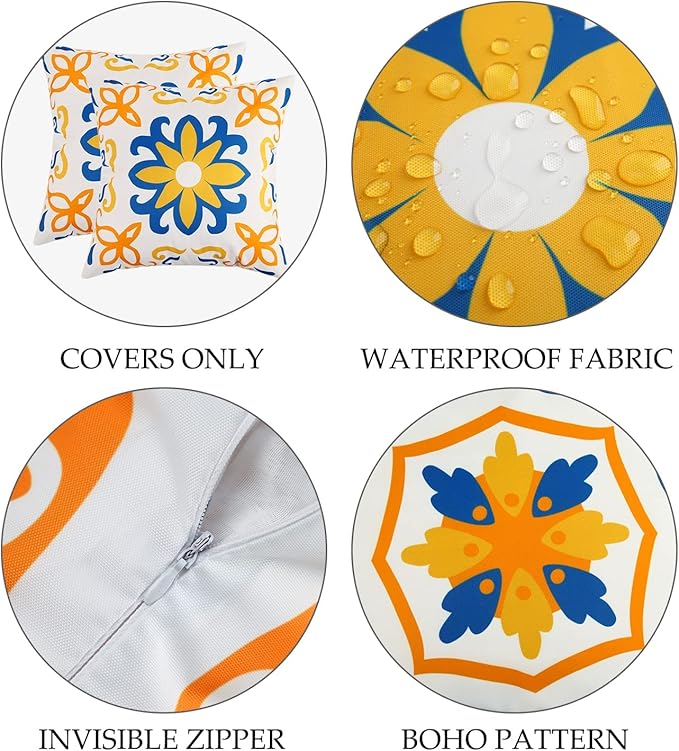 Pyonic Outdoor Waterproof Throw Pillow Covers for Patio Furniture Decorative Boho Pillow Covers 20x20 Floral Printed for Patio Tent Couch Garden Set of 4,Yellow