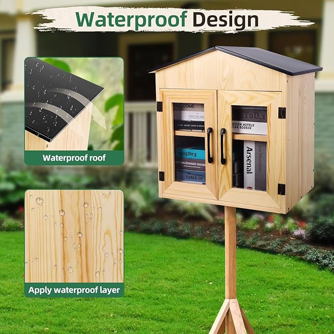 Outdoor Library Outdoor Book Box Storage Small Wooden Cabinet Little Literature Box for Neighborhoods Community and Schools Sharing Books, Flyers, Newspapers