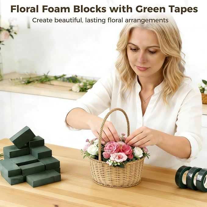 36 Pcs Floral Foam Blocks Set with 3 Green Tapes, Wet & Dry Flower Foam Bricks for Fresh and Artificial Arrangements, Green Florist Foam for Wedding, Party, Birthday, Home Decorations