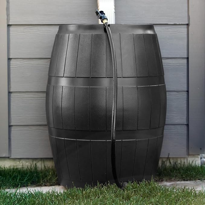 FCMP Outdoor Rain Barrel, Flat-Back Rainwater Catcher with Spigots, 50 Gallon, Black - Portable Water Storage Container Tank for Home, Garden, and Backyard
