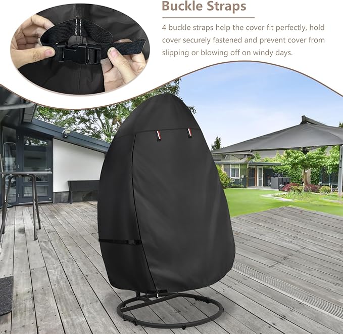 okcool Patio Hanging Egg Chair Cover, Waterproof Heavy Duty Outdoor Single Seat Swing Egg Chair with Stand Cover(Black,45″W x 33″D x 68″H)