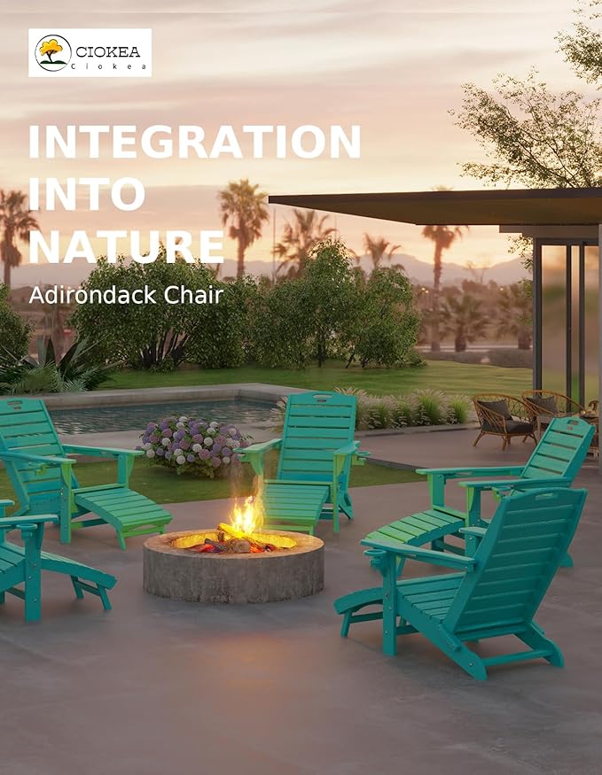 Ciokea Folding Adirondack Chair Set of 6 with Retractable Ottoman Fire Pit Patio Chair with Pull Out Foot Rest Weather Resistant Lawn Outdoor Chair with 2 Cup Holder (Lake Blue)