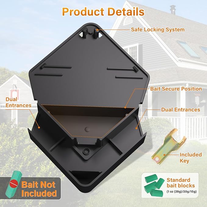 Mouse Station with Keys Black 48 Pack, Key Required Mouse Stations, Mice Stations, Keeps Children and Pets Safe Indoor & Outdoor