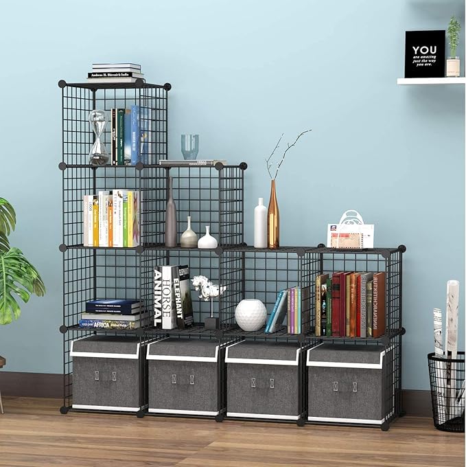 HUBSON Wire Cube Storage Organizer, Book/Toy/Craft/Potted Plants and petCloset Organizers and Storage Shelves, 6-Cube Freely Combinable Metal Grids Storage Shelf,Black Iron