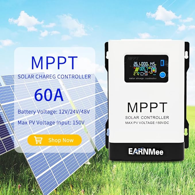 60A MPPT Solar Charge Controller, 18-150VDC PV Input, 12V/24V/48V Adjustable Output(Manual), Ideal for RV, Large Solar Systems, Compatible with Mono/Poly Panels & Lead-Acid/Lithium Batteries