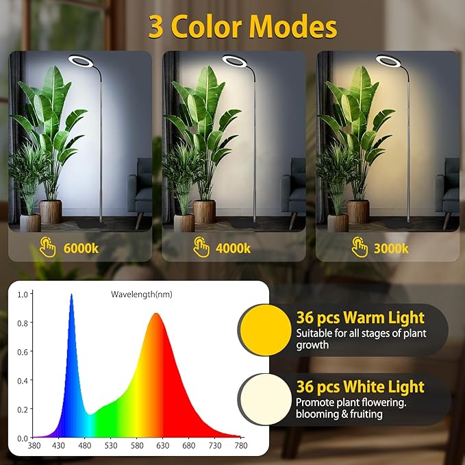 Grow Lights for Indoor Plants - Full Spectrum LED Plant Growing Light with 3H/9H/12H Auto Timer, Height Adjustable (16-67"), 3 Color Modes, 10 Dimming - Sun Lamp for Large Tall Small Plant- Black