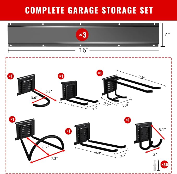 Garage Tool Organizer Wall Mount, Easy to 48inch Install Heavy-Duty Garage Storage System with 6 Adjustable Hooks, Garden Tool Rack for Shovels, Rakes, Yard Tools (Combo 2)