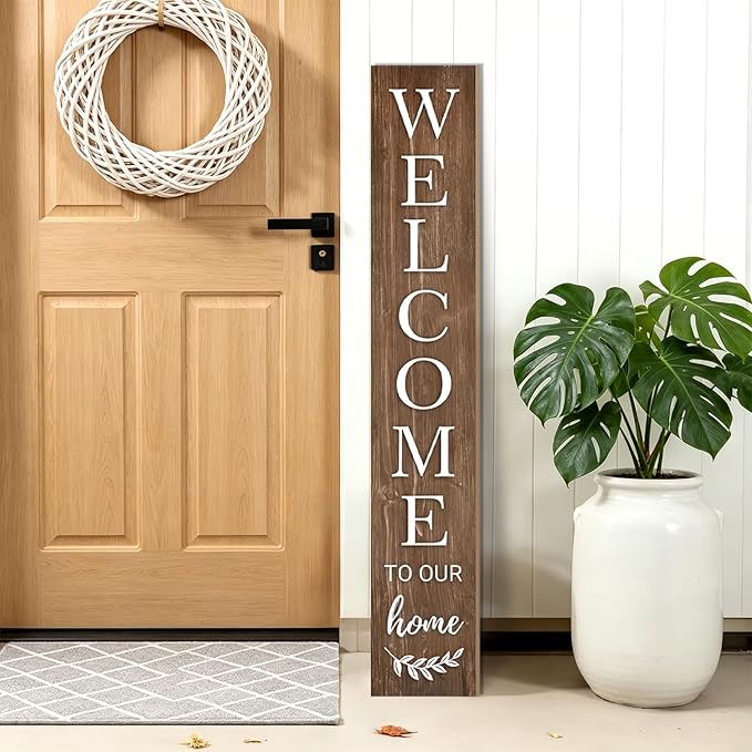 Summer Welcome Sign for Front Door, 47'' Brown Wooden Porch Sign Large Warm Greeting Door Sign Farmhouse Vertical Porch Sign Rustic Standing Welcome Yard Signs for Patio Outdoor Indoor Garden