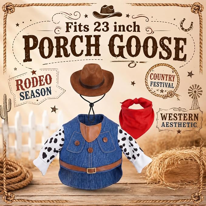 Cowboy Porch Goose Outfits Clothes for Party Decor, 4th of July Decorations, 250 Anniversary USA Merchandise Lawn 23 inch Porch Goose Costume Clothing for Patio Yard