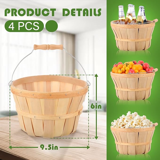 4 Pcs 6 Inch Tall by 9.5 Inch Diameter Round Wooden Baskets, Harvest Basket Garden Basket Food Service Display Baskets Wood Fruit Buckets with Handle for Party Favors Storage Organizing (Wood Color)