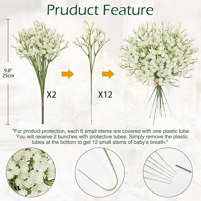 DILATATA Baby's Breath Artificial Flowers Bulk 12 pcs Faux Baby Breath Plastic Flower Fake Gypsophila Flower Arrangement for Crafts Fake Flowers Bouquet for Wedding Centerpieces Cream Baby Breath
