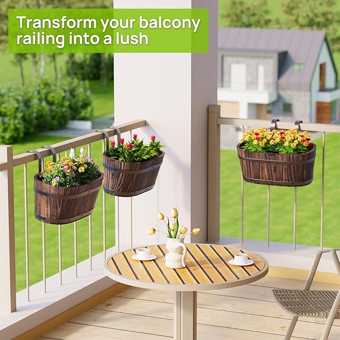 2pcs Railing Planter Boxes Wood Hanging Flower Pots for Railing Fence Outdoor Balcony Planters for Wall Window Flower Box Hanging Bucket Pots Countryside Plant Holder (Carbonized,2pcs,Large)