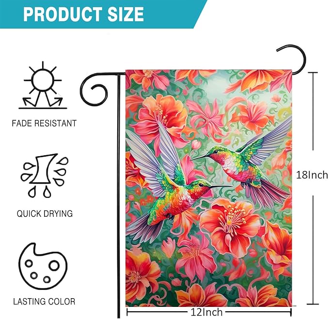 Vibrant Hummingbird Floral Garden Flag 12x18 Inch Double Sided Spring Summer Outdoor Yard Flag for Patio Porch Lawn Farmhouse