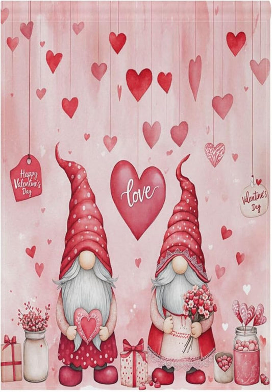 Valentine’s Day Pink Love House Flag 28x40 Inch Double Sided Outside Happy Valentines Gnomes Flowers Red Heart Yard Outdoor Flag Banner for Garden Lawn Patio Holiday Decorations