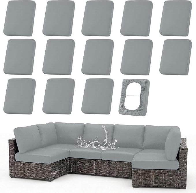 hyha Waterproof Outdoor Cushion Covers for Patio Furniture, Stretch Patio Chair Cushion Slipcovers, Coated UV Resistant Replacement Seat Covers, Solid Color (Grey, 14PC)