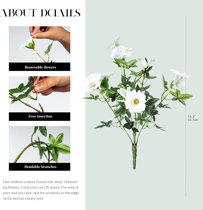 Artificial Flowers for Outdoor Window Box & Porch Decor, UV Resistant Faux Hanging Morning Glory Flowers for Patio, Balcony Cottage Garden Realistic Outdoor Floral 13.3" No Pot (White) 8PCS
