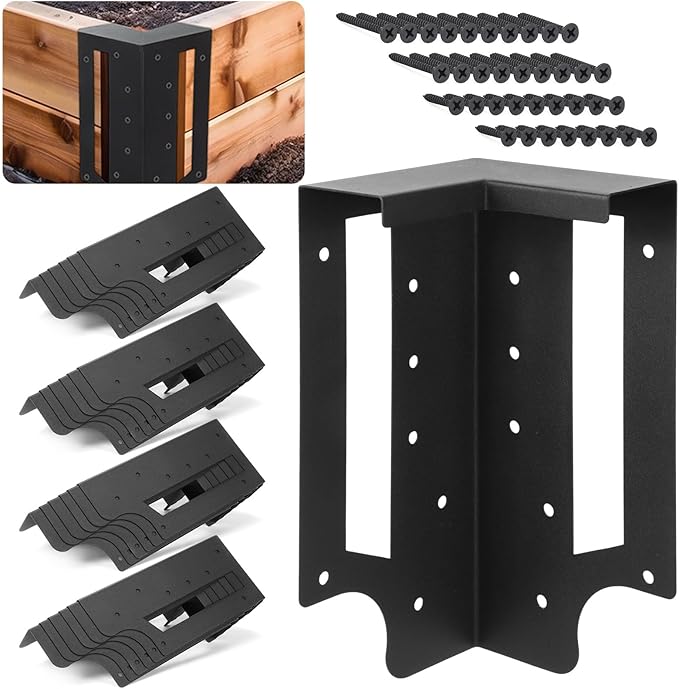MorningRo 24 Pack Raised Garden Bed Corner Brackets with Securing Lip Fits Lumber up to 2" x 12" Metal Garden Corner Bracket for Wood Frame Bed 4.7" L x 2" W x 10.5" H (Black)