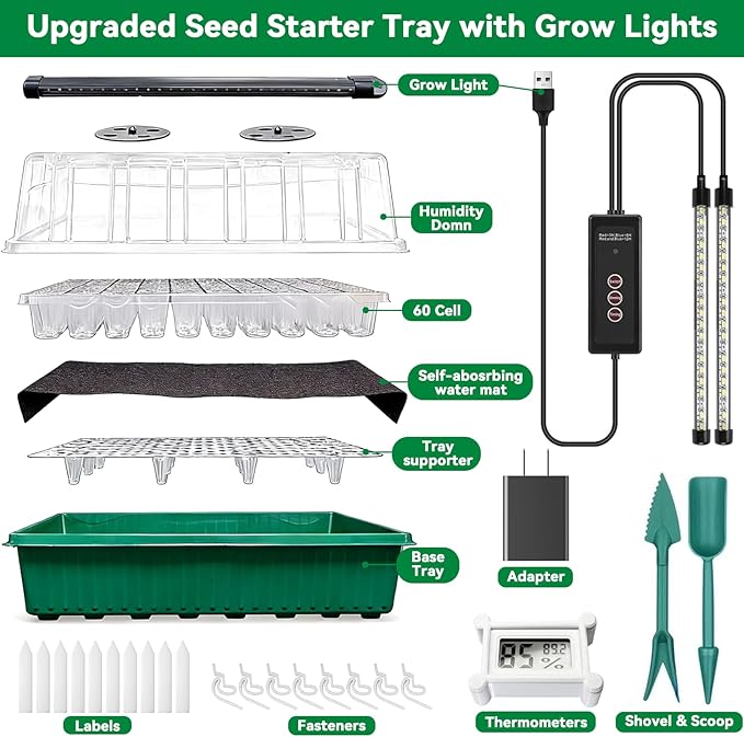 Self-Watering Seed Starter Tray with Grow Light,60-Cell Seed Starter Kit with Humidity Dome,Seed Germination Kit,User-Friendly Plant Germination Trays for Indoor Plants