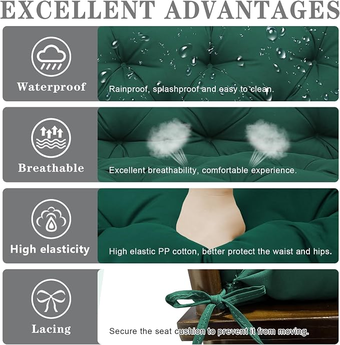 Porch Swing Cushions Outdoor, 5 Inch Thick Waterproof 2-3 Seater Replacement Swing Cushion with Backrest and Anti-Slip Ties, Perfect for Porch, Patio, Garden, Outdoor Bench Furniture, 48×40×5 Inch