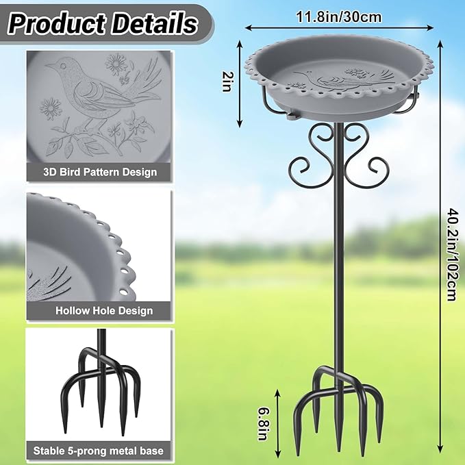 Bird Bath for Outside,Vintage Freestanding Birdbath & Birdfeeder, 40In Bird Baths Feeder with Detachable Plastic Bowl for Garden Patio Yard Lawn Decor, Upgraded 5-Pronged Base (Grey)
