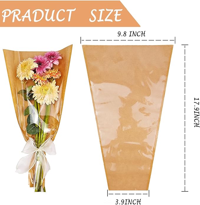 SELANTAG 50 Pack Flower Bags for Bouquets, Kraft Floral Wrapping Paper, Sleeves Perfect for Mother's Day, Wedding (9.8in x 18in x 3.9in)