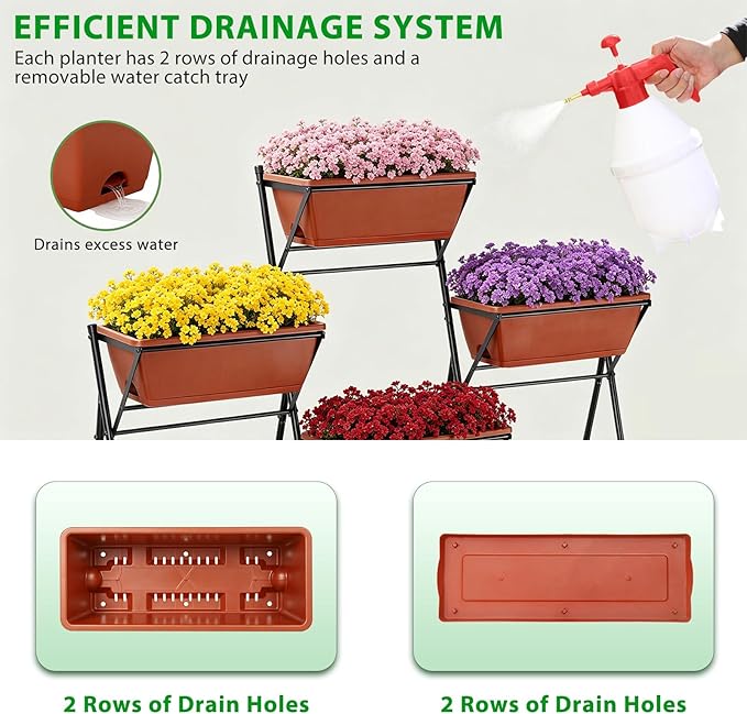 Raised Garden Bed Outdoor Indoor Elevated Tiered Standing Planter Box with Legs Vertical Plastic 7 Planter Boxes Herbs Flowers Vegetables for Backyard Patio Balcony, Red
