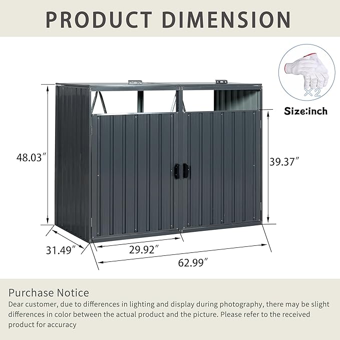 62.99" Metal Garbage Bin Shed Stores with Ventilated and Lockable,Patio Furniture 2 Trash Cans Outdoor Sheds w/Rust-Proof & Scratch- Resistant,for Garden Yard Lawn,Black