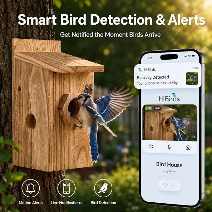 Smart Bird House with Camera – Burnt Wood Finish, AI Bird Recognition, IP66 Waterproof, Two-Way Audio, App Control, 4MP Full-Color Night Vision,Solar-Powered,Cloud & SD Storage