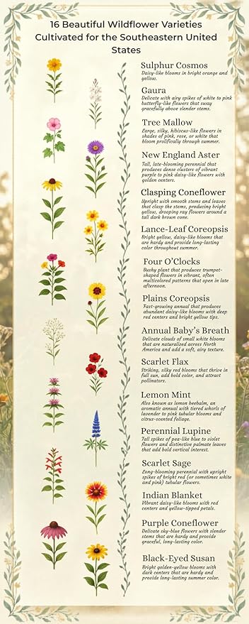 Georgia Bulk Perennial Wildflower Seed Mix 1lb Covers 2,000sq-ft - Attract Pollinators, Multi-Color Blooms - Southeast US Species Plant in Spring/Fall - Earth-Friendly Packaging (1/2 Pound)
