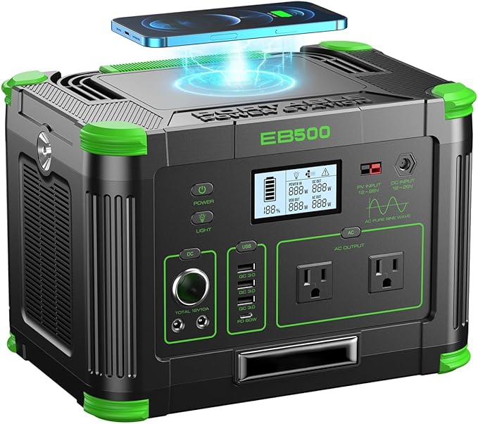 500W Portable Power Station 519Wh Solar Generator Backup Battery - Multi-Output Emergency Power Supply with 60W PD USB-C, QC3.0 USB-A, AC/DC/Car Ports & Wireless Charger for Camping, Home Outage